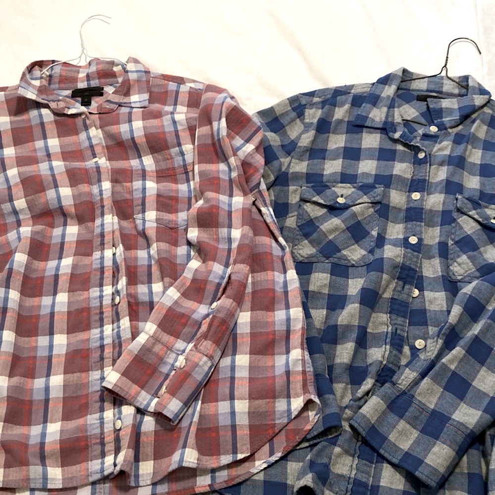 2 J. Crew women flannel shirts 1 - red plaid & 1 - blue/gray plaid Size 12